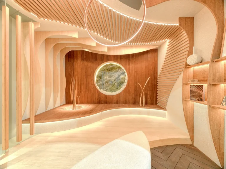 fotografía realizada por el fotógrafo de interiores Juan Pascual: espacio interior moderno con decoración orgánica, paneles de madera curvos e iluminación cálida.