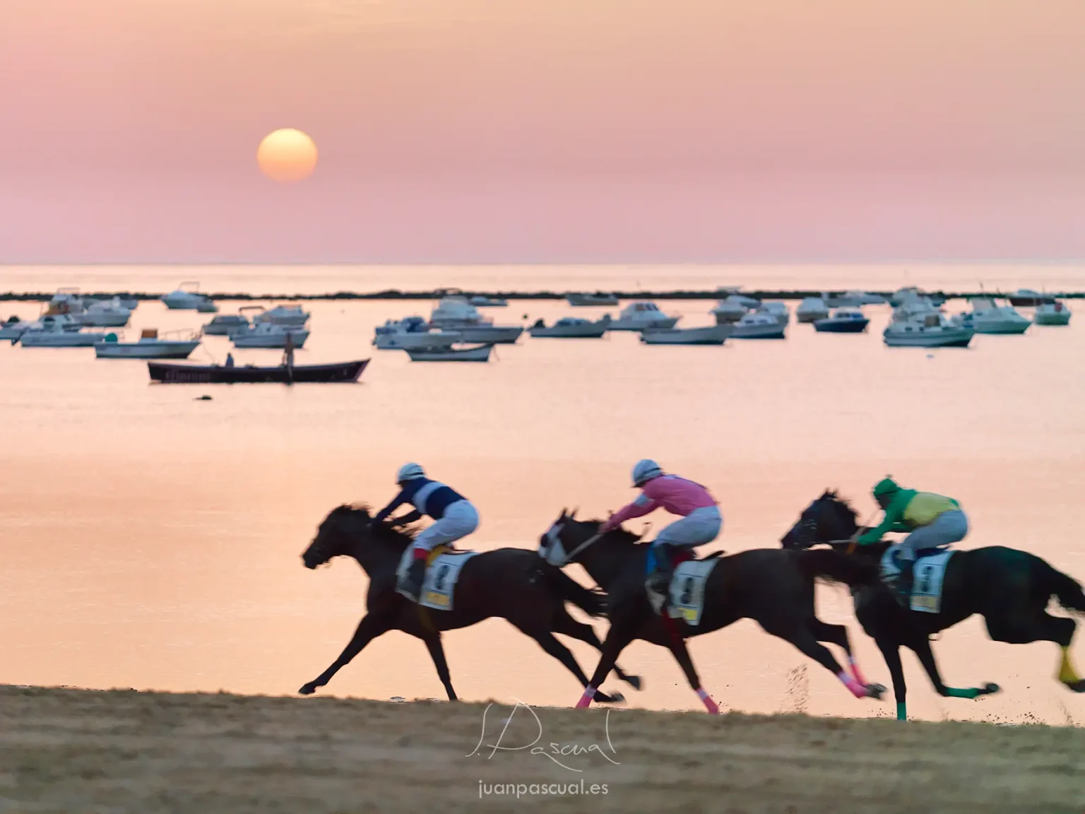 Foto de carreras de caballos en la playa de Sanlúcar de Barrameda durante la puesta de sol. Fotógrafo de turismo Juan Pascual. Barcos de pescadores y embarcaciones de recreo al fondo.